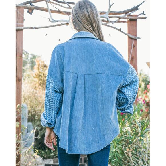 And The Why Button Down Corduroy Contrast Texture Long Sleeves Shacket | Blue - Picture 2 of 5